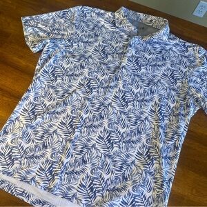 Johnnie-O Aiken Golf Polo in a blue and white tropical leaf print pattern Large